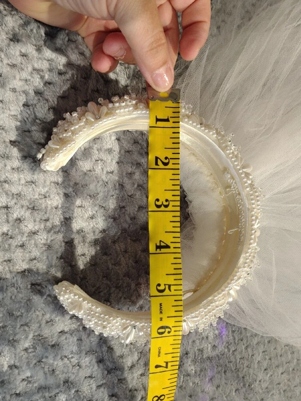 Beaded Pearl White Bridal Headband with Veil